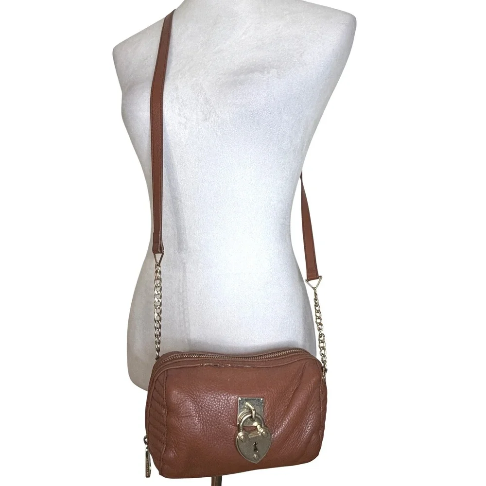 Juicy Couture Brown Leather Crossbody Bag Heart Padlock Leopard Print Lining - Picture 3 of 15